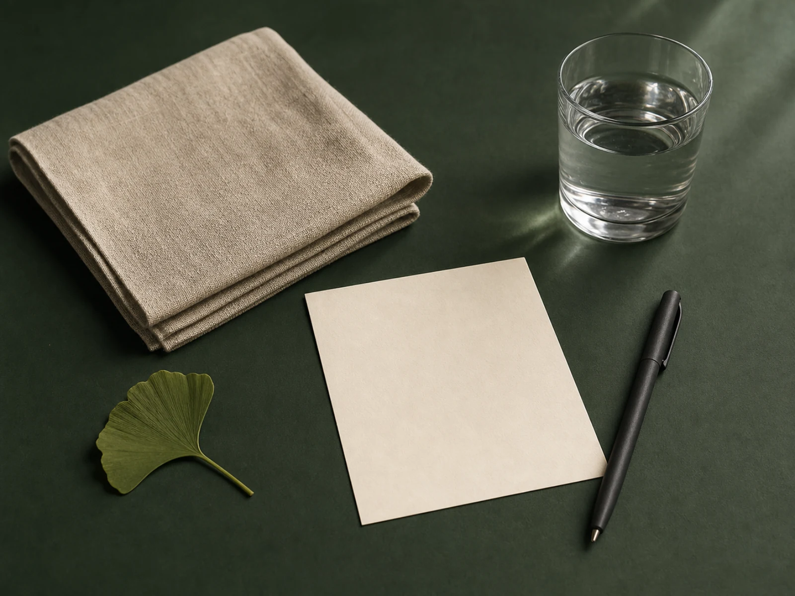 Leinen, leere Notizkarte, Stift, Wasserglas und Ginkgoblatt als ruhige Vorbereitung