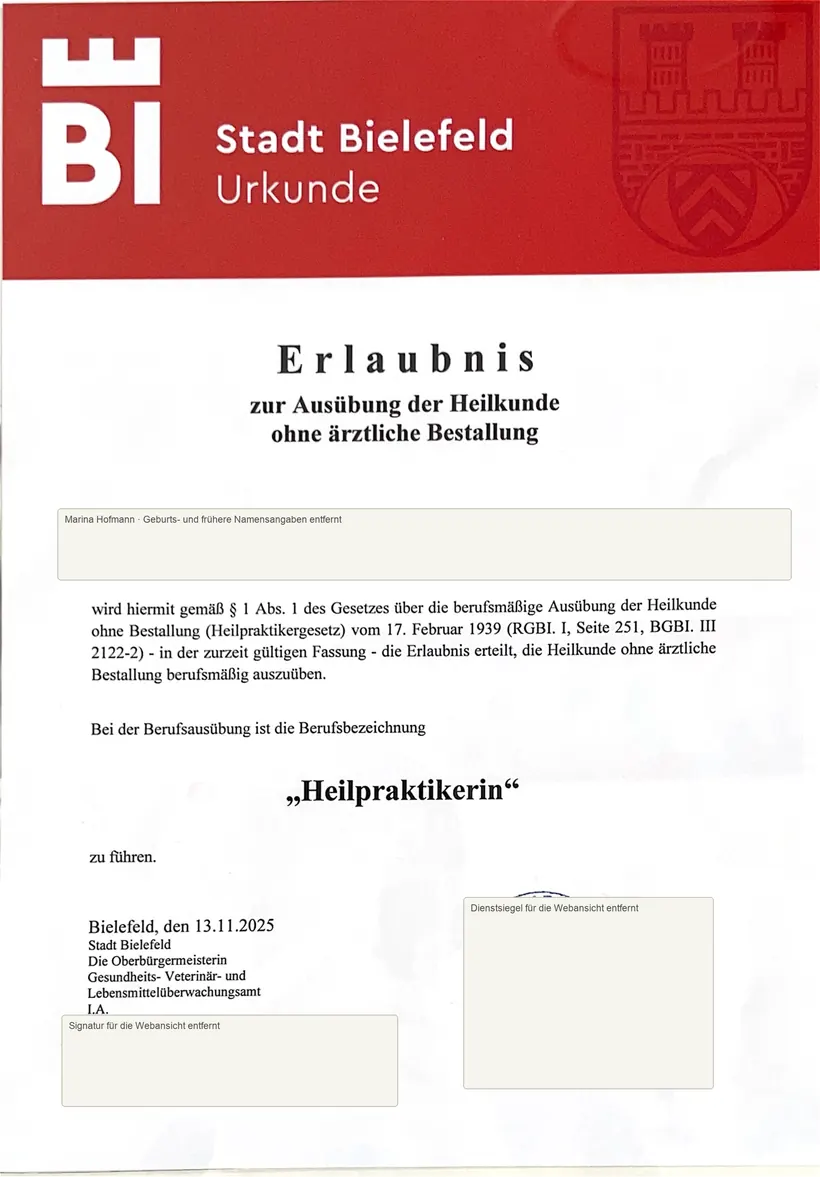 Datensparsame Webansicht der Heilpraktikererlaubnis der Stadt Bielefeld