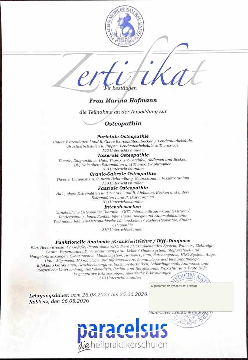 Webansicht des Zertifikats zur Osteopathie-Ausbildung an den Deutschen Paracelsus Schulen